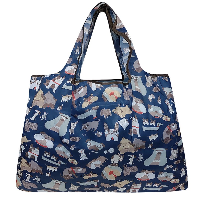 allydrew Large Foldable Tote Nylon Reusable Grocery Bag, Navy Dogs - Image 2